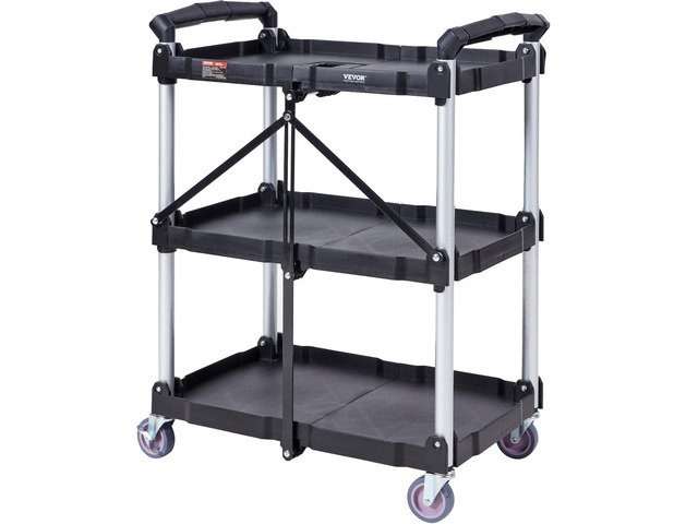 Foldable Utility Service Cart, 3 Shelf 165LBS Heavy Duty Plastic Rolling Cart with Lockable Wheels, Ergonomic Handle, Portable Garage Tool Cart for...