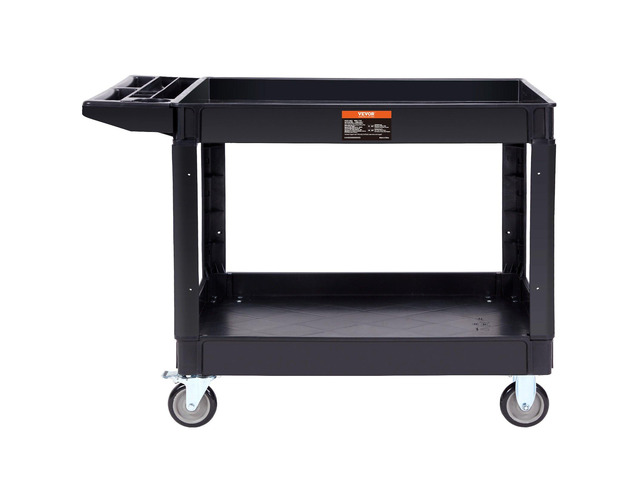 Utility Service Cart, 2 Shelf 550LBS Heavy Duty Plastic Rolling Utility Cart with 360° Swivel Wheels (2 with Brakes), Large Lipped Shelf, Ergonomic...