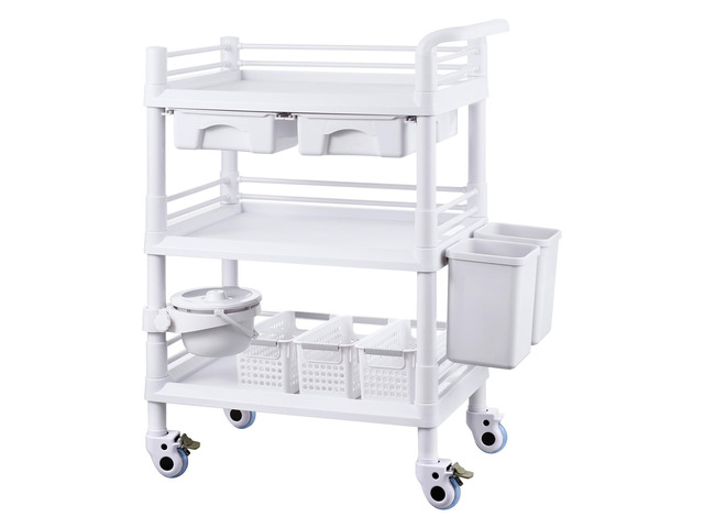 3 Tiers Lab Carts Mobile Medical Cart with 3 Trays & 3 Trash Cans White, Trolley Storage Cart with PP Material, Lab Rolling Cart with 4 Silent...