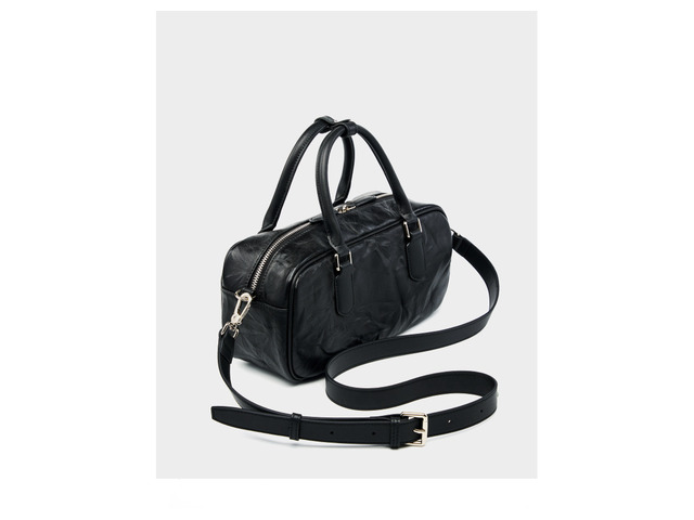 Genuine Leather Boston Bowling Bag Women Handbag Black