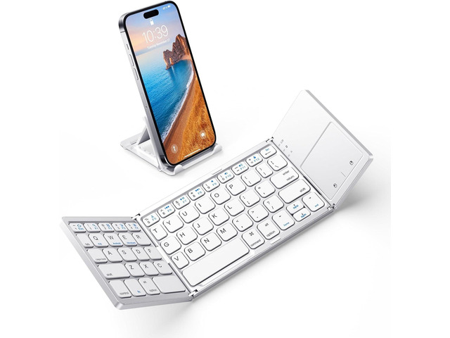 Tri-fold Bluetooth Keyboard with Touchpad Compatible with Smartphones, Ipad, and Laptops Silver