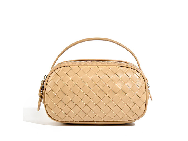 Genuine Leather Knitted Double Zipper Shoulder Crossbody Bag Yellow