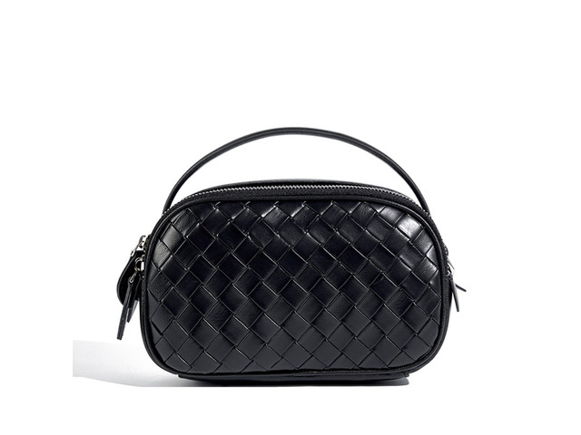 Genuine Leather Knitted Double Zipper Shoulder Crossbody Bag Black