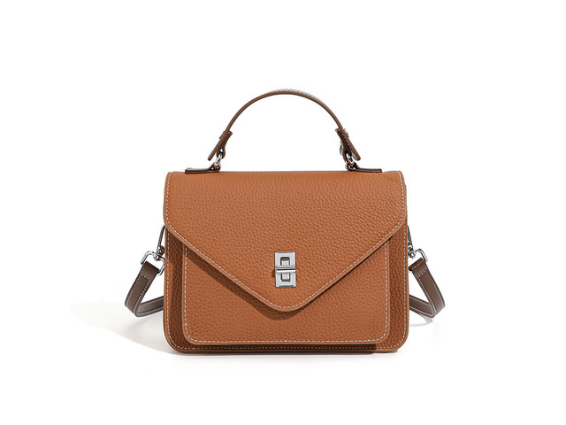 New French Crossbody Bag Small Square Bag Genuine Leather Handbag Brown