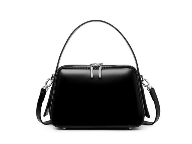 Genuine Leather Cute Tote Handbags Crossbody Bag with Long Strap Black
