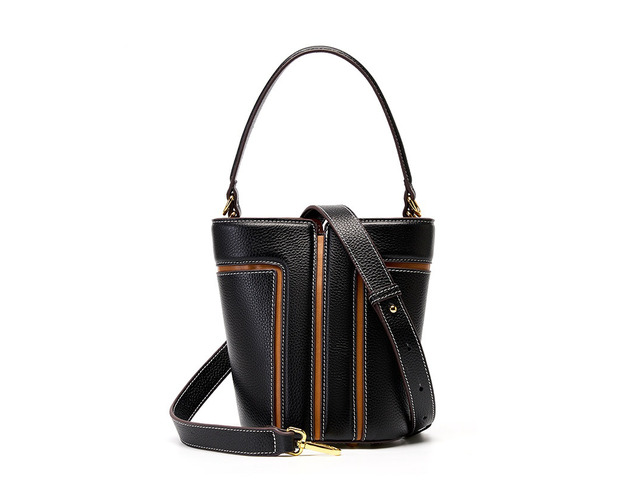 Genuine Leather Ladies' Bucket Bag Crossbody Bag Black