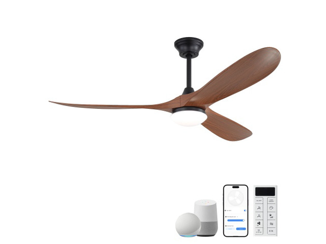 60 in. LED Indoor/Outdoor Flush Mount Matte Black Ceiling Fan with Wood Blades, 6-Speed DC Remote Control