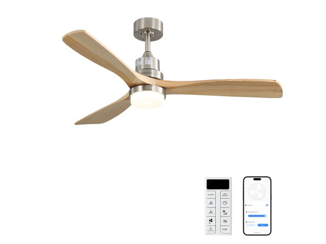 52 Inch Smart Ceiling Fan with Sand Nickel Finish 3 Natural Wood Blades LED 18W Triple Color Dimmable Memory Lighting and Remote Control