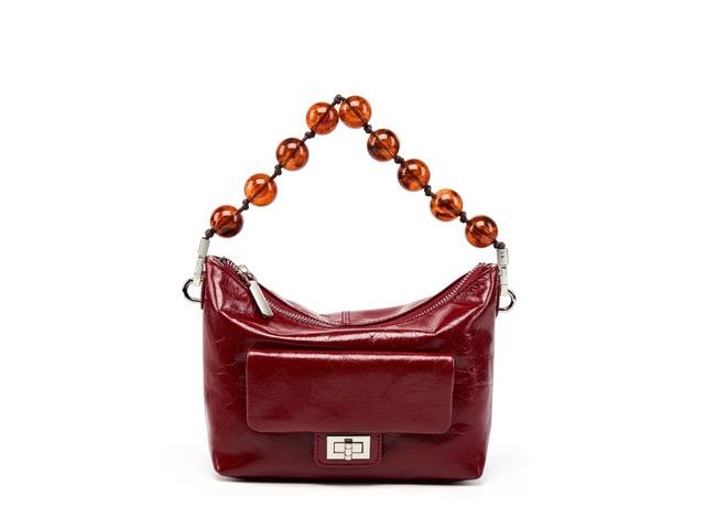 Genuine Leather Vintage Oil Wax Leather Pleated Handbag Red