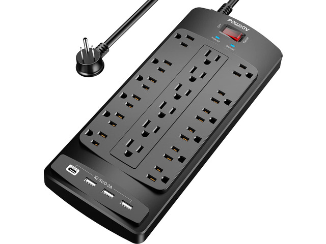 18 Outlets Surge Protector Power Strip - 6 Feet Flat Plug Heavy Duty Extension Cord with 18 Widely Outlets and 4 USB Ports, 2100 Joules, Black, ETL...