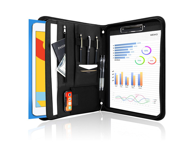 Portfolio Business Padfolio Folder with Zipper -Black Conference Meeting Executive File Legal Document Organizer with Pockets Letter Size A5...