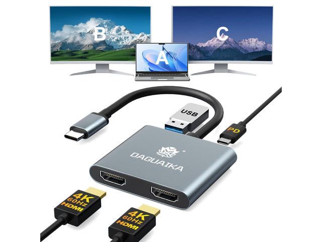 USB C to Dual HDMI Adapter 4K@60Hz, 4-in-1 HDMI Splitter for Dual Monitors, 100W PD Charging, USB A Port, Docking Station for...
