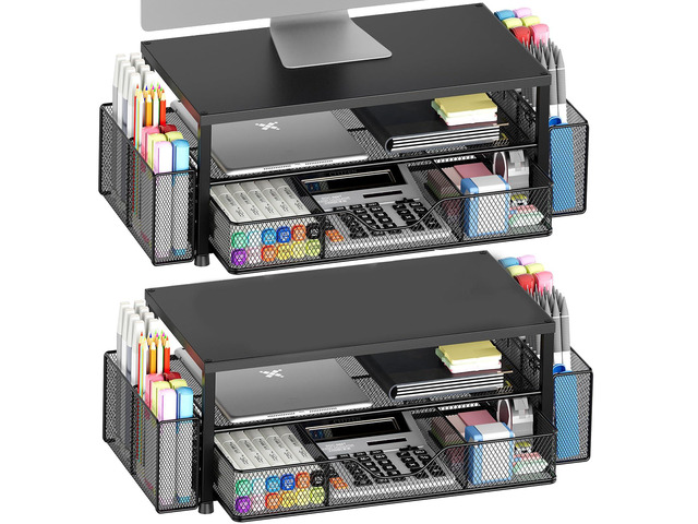 Desk Organizer and Accessories, 2-Tier Computer Monitor Stand Riser with Drawer and 2 Pen Holders, Laptop Stand, Office Desk Accessories for Office...