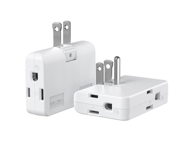 2-Prong/3-Prong Swivel Adapter, Polarized Grounding Converter with Flat Wall Plug, Fireproof 3-Outlet for Home Use (2 Pack)