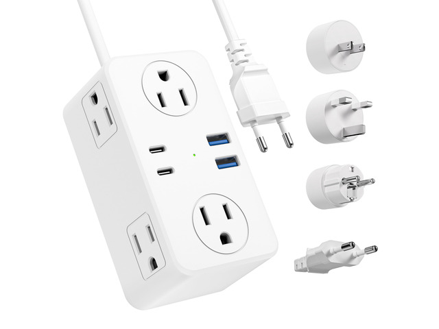 European Travel Plug Adapter, EU/UK/US Travel Plug Adapter Power Strip, 6 AC Outlets, 4 USB Ports (2 USB C), 3ft Wrapped Around Extension Cord,...