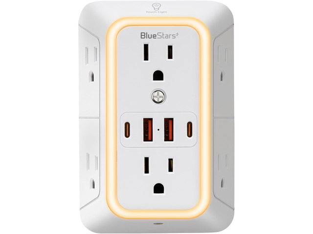 Wall Mount Power Strips Wall Charger 6 Outlet Extender 4 USB Ports (5V, 2.4A, 12W) and Night Light 3-Sided Power Strip with Adapter Spaced Outlets...