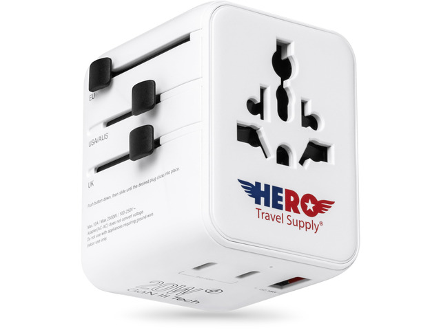 Hero International Travel Power Adapter Universal Plug for Europe, UK, US, Asia, AUS, 100+ Countries 2 USB-C & 1 USB-A