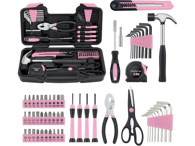 Pink Household Tool Set for Women with Storage Case, 58-Piece All Purpose Hand Tool Kit, General Small Tool Kit, for Home Garage, Office, College...
