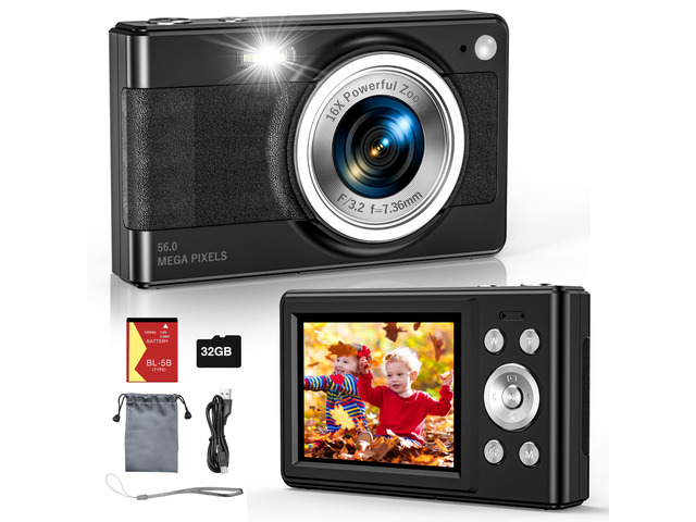 2025 New Digital Camera, 56MP FHD 1080P for Kids with 16x Digital Zoom Anti Shake, Face Detect, Smile Capture, 32GB TF Card, Battery, Lanyard, a...