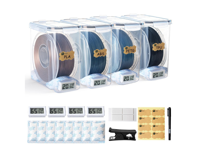 Filament Storage Box - 4 Pack 4L 3D Printer Filament Containers with 4 Hygrometers, Airtight Dry Boxes for Sealing and Protection, Water-Proof &...