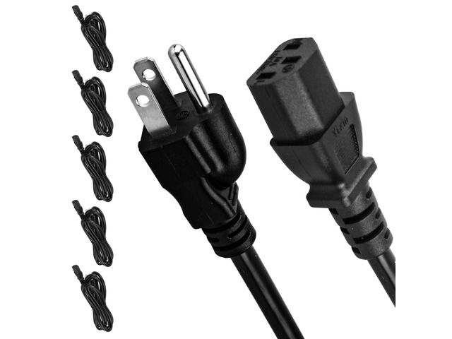 5 Pack 3-Prong Replacement Computer Power Cord 6FT AC Power Cord Cable for Electronics, TV, Computer, Printer, Radio, Monitor, Samsung, Dell,...