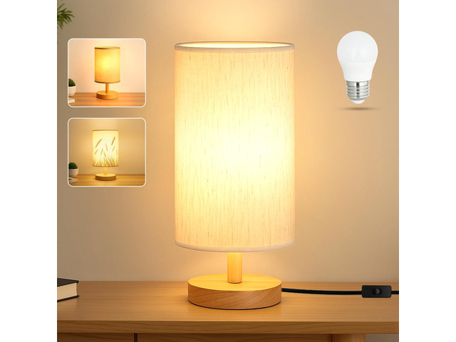 Desk Lamp LED Bulb Included, Small Bedside Table Lamp Plug-in - Classic Wood Base with Flaxen Fabric Shade, Lamps for Night Stands, Simple...