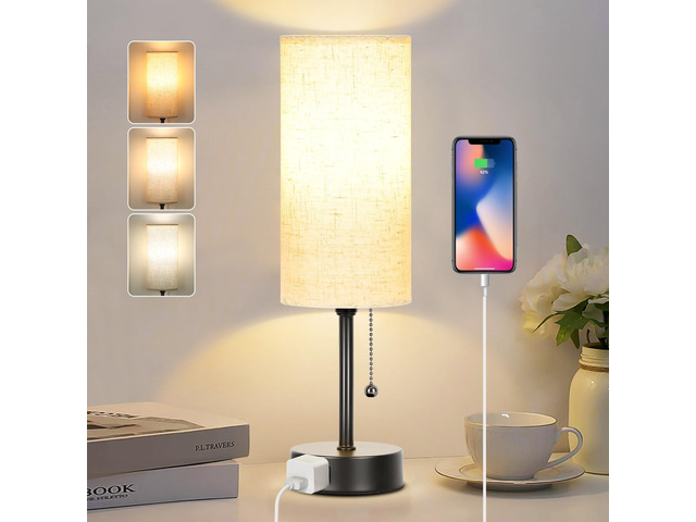 Bedside Table Lamp for Bedroom,Small Lamps for Night stands with Pull Chain 3-Color Bedroom Table Lamps Desk Reading Light AC Outlet Nightstand...