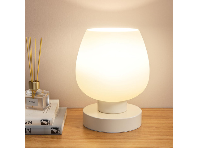 Small Touch Table Lamp for Nightstand, 3 Way Dimmable Bedside Lamp White Glass Shade, Bedroom, Living Room, Night Stands, Small Spaces, LED Bulb...