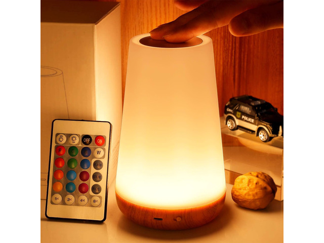 Telecontrol Night Light Touch Lamp: 13 Colors, 5 Brightness, Brown Table Bedside Lamp 1500mAh USB Rechargeable - 3 Lighting Modes, 1/2/4/6H Auto -...