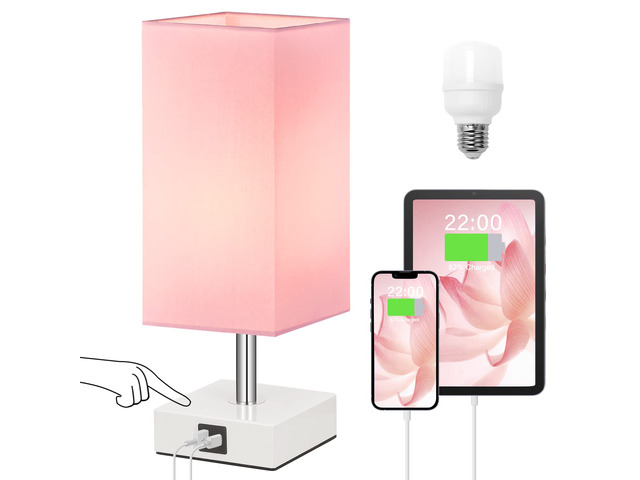 Pink Touch Table Lamp for Bedroom - Dimmable, USB C+A, Girls Bedside Lamp 3-Way Dimmable, 3000K LED Bulb Included, Square Pink Shade White Base,...