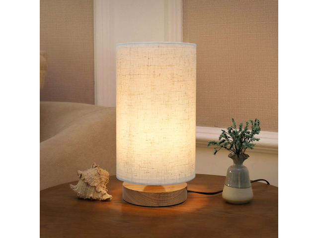 Small Bedside Night Table Lamp for Bedroom, Minimalist Nightstand Lamp with Round Fabric Linen Shade, Study Reading Desk Lamp for Kids Room, Living...