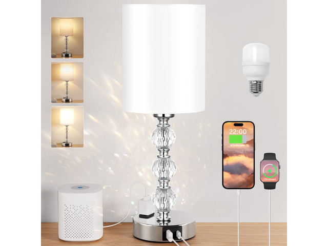 Crystal Touch Lamps for Nightstand, 3 Way Dimmable with Charging Station Silver Lamp for Nightstand, USB-C+A & AC Outlet, Small Table Lamp for...