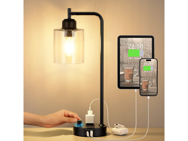 Industrial Desk Lamp, Fully Dimmable Small Bedside Table Lamp, Black, USB C Glass Shade, USB C+A Charging Port & Outlet, Lamps for Bedroom, Night...