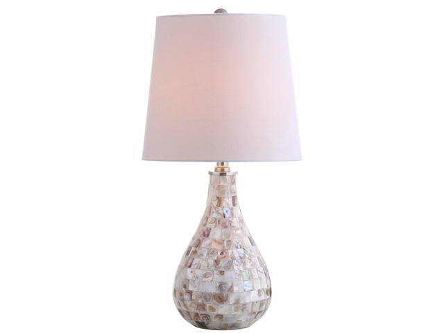 Mona Coastal Mini LED Table Lamp 20.5' Bedside, Seashell White Linen Drum Shade, Mother Of Pearl Resin Body, On-Off Rotary Switch, LED Bulb Included