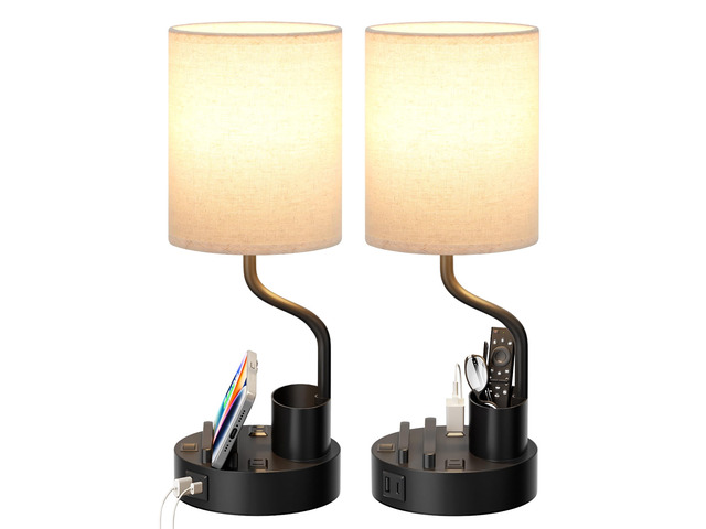 Bedside Lamps for Bedroom Set of 2 - Table Desk Lamp for Nightstand 15' Table Lamp for Living Room with Pen Holder & Phone Stand, USB A+C Port,...