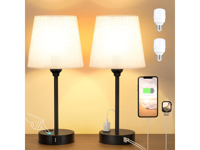 Bedside Table Lamps Set 2 for Bedroom - Dimmable Touch, USB C+A, AC Outlet 14.5' Mini Lamp, 3-Way Dimmable, LED Bulbs Included, Trapezoid Barrel...