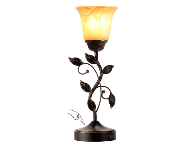Touch Control Leaf Vintage Table Lamp with 3-Way Dimmable 2 USB C+A Ports Bedside Nightstand Lamps, Amber Glass Shade Rural Leaf Lamp for Living...