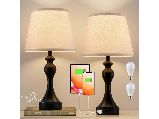 Touch Lamps for Nightstand, 3 Way Dimmable Bedside Lamps with USB C+A Ports Touch Control, LED Bulb Included, Small Black Table Lamp for Bedroom,...