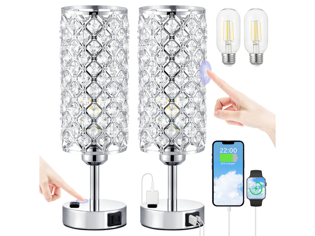 Silver Crystal Lamps Set of 2, 3-Way Dimmable Touch Lamps for Nightstand USB-C+A & AC Outlet, Modern Table Lamp for Bedroom, Bedside, Night...