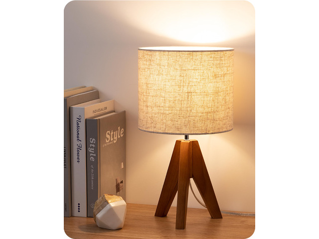 Tripod Table Lamp, Small Cute Bedside Lamp, 14.2 Inch, E26 Base Light Brown Wooden Base, Linen Beige Lampshade, Nightstand Lamp for Nursery,...