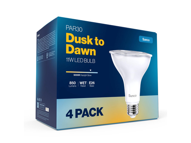 Sunco 4 Pack PAR30 LED Bulbs, Dusk to Dawn Flood Light, 11W, E26 850LM, 5000K Daylight, Photocell Sensor, Wet-Rated Outdoor Flood Light, Porch,...