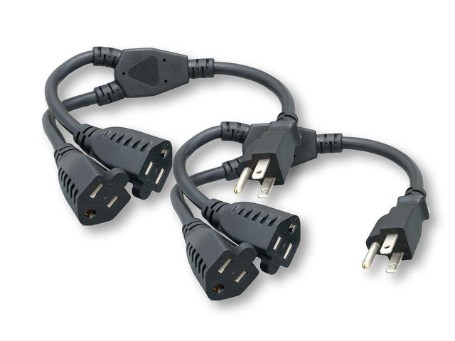 ZADA36PQ-Y-P2 Power Cord Extension & Splitter, NEMA 5-15P to 2× NEMA 5-15R, 13A 125V, Short Extension Splitter, Black