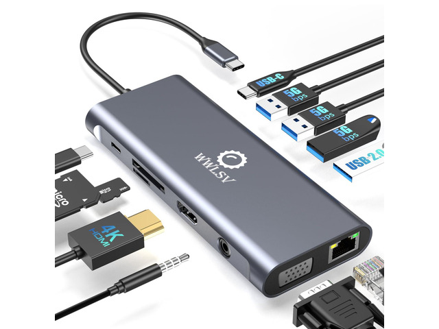 12-in-1 USB C Hub Laptop Docking Station, Dual Monitor Display HDMI 4K@60Hz (Single Display), VGA 1080p (Shared Bandwidth), 100W PD, Ethernet, USB...