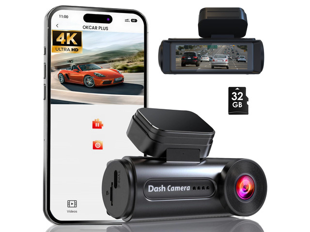 4K Dash Cam Front with Built-in WiFi, Dash Camera for Cars, 32GB Card Included, Super Night Vision Dash Camera, Loop Recording Car Camera,...