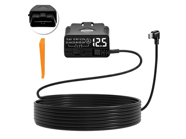 OBD Dash Cam Power Cable USB C with Acc Detection, Plug and Play Hardwire Kit for Dash Camera with 4-Level Low Voltage Protection, LED Voltmeter,...