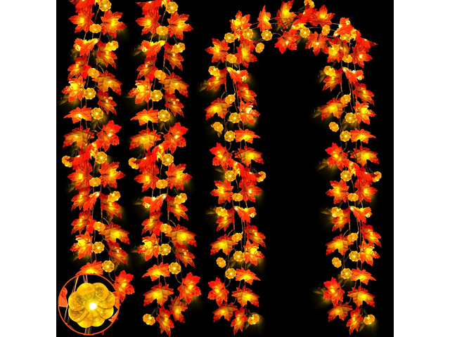 Timer & 3 Pack Halloween Fall Decor Fall Garland with Pumpkin Lights 60LED Patented Realistic Maple Leaves 30Ft Halloween Pumpkin Garland Battery...
