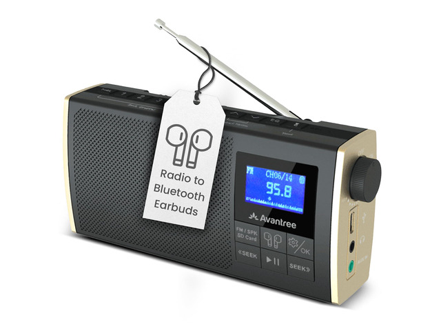 Streaming Radio to Earbuds or Home Stereo System, FM Radio, Bluetooth Transmitter, Bluetooth Speaker, SD Card MP3 Player, 4-in-1 Device - Soundbyte T