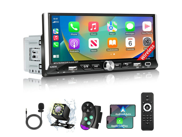 Single Din Radio Car Stereo with Wireless Apple Carplay & Android Auto, 6.9' UHD Touchscreen Car Stereo with Bluetooth, 1080P Backup Camera Mirror...