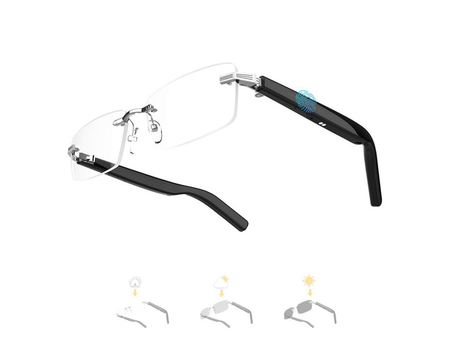 Smart Glasses Rimless Smartglasses with Bluetooth Speaker,Remote Control Photo Taking/UV Protection Voice Control (Photochromic Lenses)
