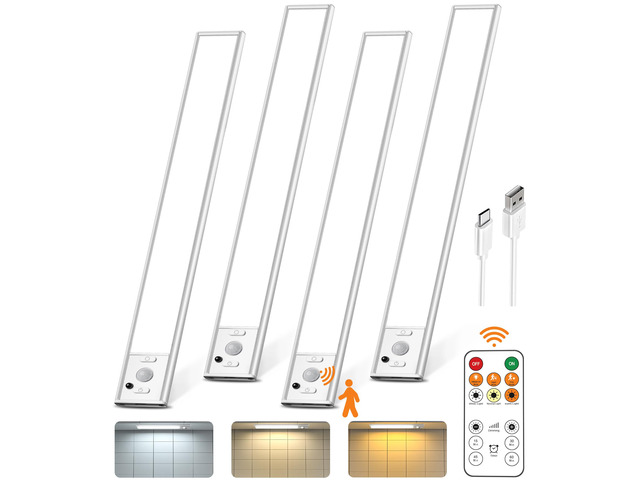 4 Pack Under Cabinet Lighting Rechargeable 12 Motion Sensor Light Indoor 2500mAh Closet Lights Wireless, 3 Color Temps & Dimmable, Timer, Magnetic...